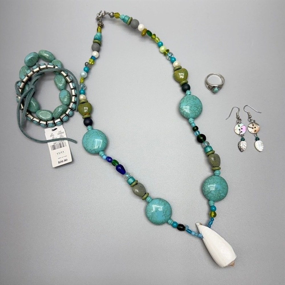 Jewelry Lot Silver Tone Blue Bead‎ Necklace Ring Earrings Bracelet Beach Boho